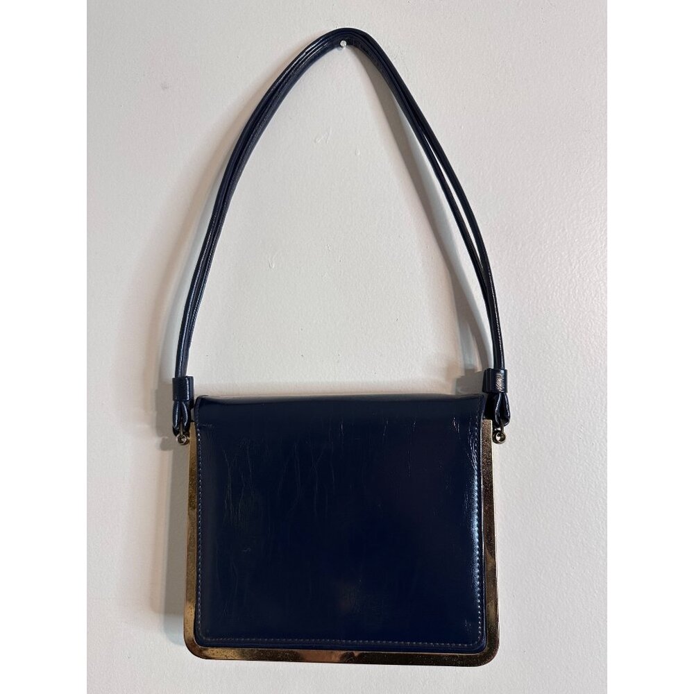 Vintage Markay Sac Navy Blue Leather Handbag Gold Frame Made in USA 60s 70s